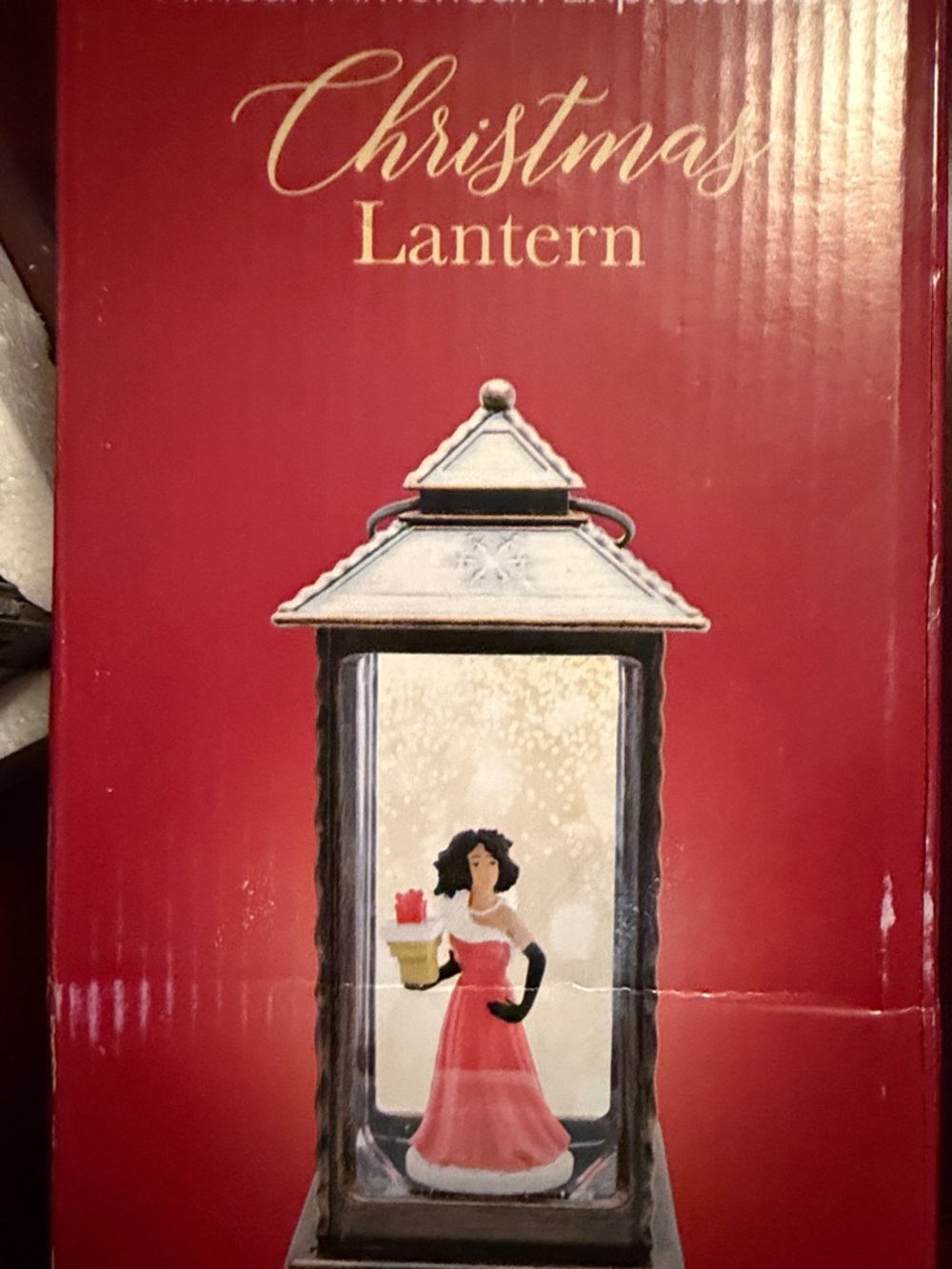 Holiday Figurine in Red Dress Decorative Snow Globe Uses 3AAA batteries